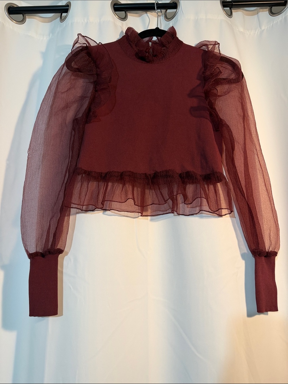Zara Burgundy Sheer Romantic Fairy Holiday Ruffle Sleeve Top